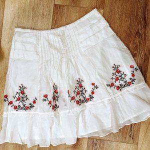 Rose Embroidered Silk White Midi Ruffled Skirt